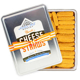 heath's cheddar cheese straws gift tin original flavor with lid off to see straws beneath