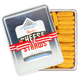 heath's spicy cheese straws southern gift tin with lid to the side to see straws beneath