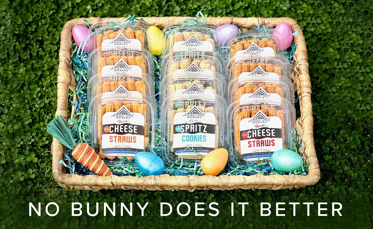 easter basket of heaths cheese straws and britts spritz cookies snack pack from ritchie hill bakery